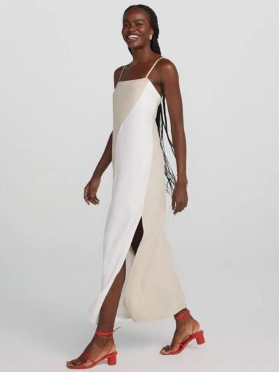 Vestido Longo Evasê com Fenda Bicolor