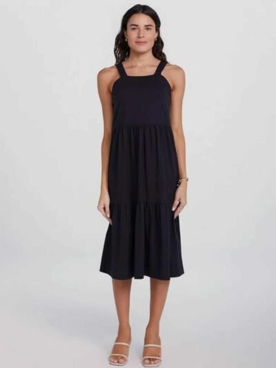 Vestido Midi Decote Reto com Franzidos